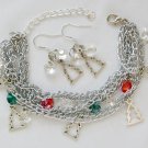 Christmas tree red green diamond bead charm Bracelet Earrings Set