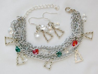 Christmas tree red green diamond bead charm Bracelet Earrings Set