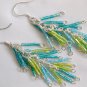 Luster glass hex bugle bead blue teal green dangle earrings