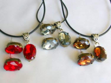 Red grey brown rhinestone Pendant Earrings Set from vintage Necklace Set Lot