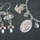 St Francis of Assisi medal cat cross silver charm Bracelet Earrings Set St Francis of Assisi medal cat cross silver charm Bracelet Earrings Set