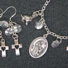 St Francis of Assisi medal dog & cross charm Bracelet Earrings Set