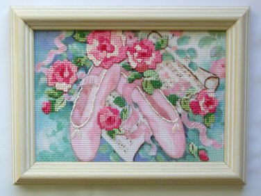 Ballet and Roses Dimensions completed finished cross stitch ballerina shoes