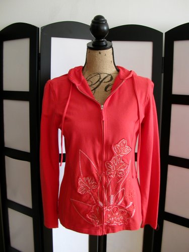 Coldwater Creek NWT orange beaded embellished hooded floral fleece jacket S