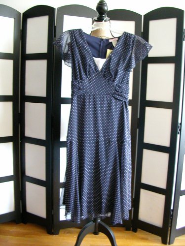 Vol 1 NWT navy blue white polka dot ruffled empire waist dress M