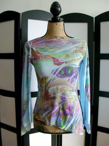 Rave light blue butterfly iris colorful flower open angel sleeve top L