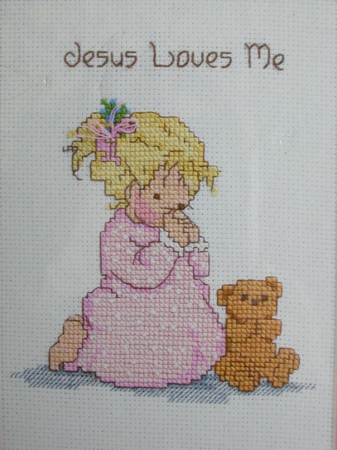 Designs for Needle Jesus Loves Me girl teddy bear counted cross stitch