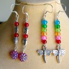 Red ladybug AB flower bead  and rainbow dragonfly earrings 2 pair lot