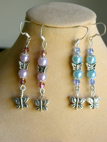 Butterfly silver bead light purple & baby blue earrings 2 Pair
