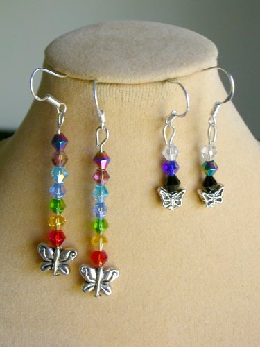 Butterfly crystal bicone bead rainbow chakra earrings 2 pair