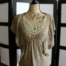 Ambiance brown ruched empire waist swirl neck flutter sleeves top XS