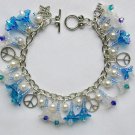 Peace sign blue AB iridescent flower crystal bead charm bracelet