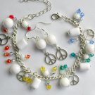Peace sign white bead rainbow crystal charm Bracelet Earrings Set