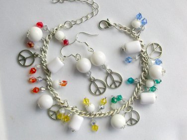 Peace sign white bead rainbow crystal charm Bracelet Earrings Set