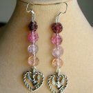 Angel heart charm purple pink ombre glass flower bead earrings