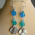 Dragonfly on leaf charm aqua blue pressed glass flower bead earrings Dragonfly on leaf charm aqua blue pressed glass flower bead earrings