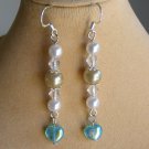 Aqua blue AB iridescent heart bead white pearl crystal drop earrings Aqua blue AB iridescent heart bead white pearl crystal drop earrings