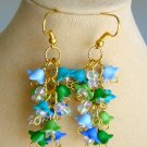 Bell flower blue green aqua bead gold cluster earrings