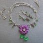 Purple Flower metal pendant bicone crystal bead Necklace Earrings Set