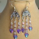 Purple heart clear crystal bead chandelier earrings