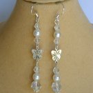 Silver butterfly charm white pearl crystal bead drop earrings Silver butterfly charm white pearl crystal bead drop earrings
