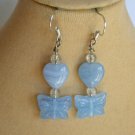 Baby blue Czech butterfly and striated heart glass earrings