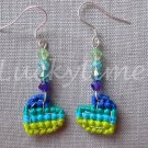 Blue Green ombre heart Cross Stitch Plastic Canvas bead earrings