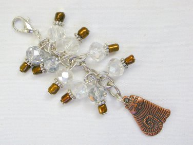 Tabby Cat Zipper Purse Charm brown brass clear crystal bead