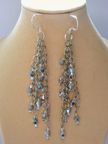 Silver metallic bicone crystal bead chain dangle earrings