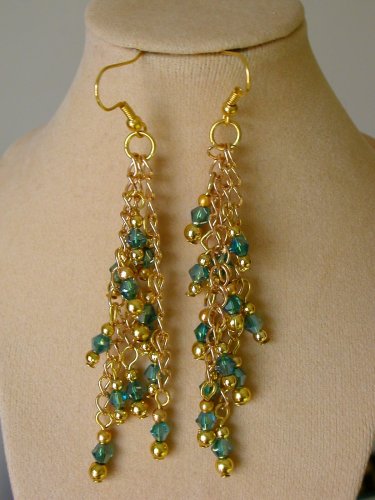 Green crystal bicone bead gold chain dangle earrings