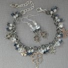 Four leaf clover gunmetal grey crystal charm Bracelet Earrings Set