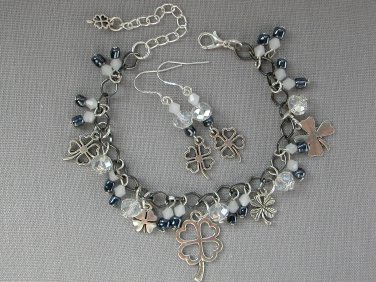 Four leaf clover gunmetal grey crystal charm Bracelet Earrings Set