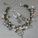 Four leaf clover brown white crystal bead charm Bracelet Earrings Set