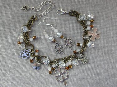 Four leaf clover brown white crystal bead charm Bracelet Earrings Set