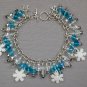White glitery snowflake aqua blue crystal bead charm bracelet