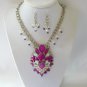 Purple tiered rhinestone chunky statement necklace pendant earrings set