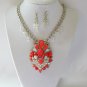 Orange tiered rhinestone chunky statement necklace pendant earrings set