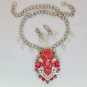 Orange tiered rhinestone chunky statement necklace pendant earrings set