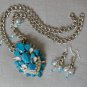 Aqua Blue tiered rhinestone chunky statement necklace pendant earrings set