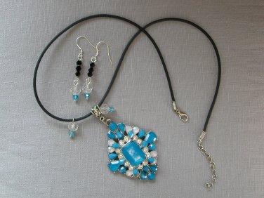 Aqua Blue rhinestone pendant statement necklace earrings set