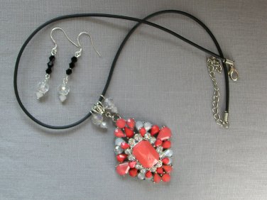 Orange rhinestone pendant statement necklace earrings set