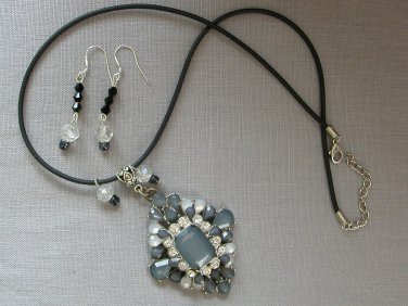 Grey rhinestone pendant statement necklace earrings set
