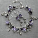 High heel shoe purple crystal bead charm Bracelet Earrings Set