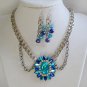 Aqua Blue rhinestone swag chain pendant statement necklace and earrings set
