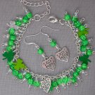 Shamrock clover bright kelly green bead charm Bracelet Earrings Set