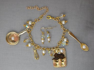 Baking chef pan crystal bead gold charm Bracelet Earrings Set