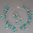 Frying pan chef aqua blue crystal bead charm bracelet earrings set