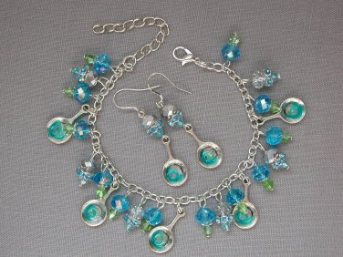 Frying pan chef aqua blue crystal bead charm bracelet earrings set