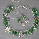Four leaf clover green crystal bead charm Bracelet Earrings Set
