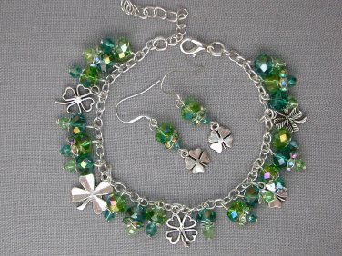 Four leaf clover green crystal bead charm Bracelet Earrings Set